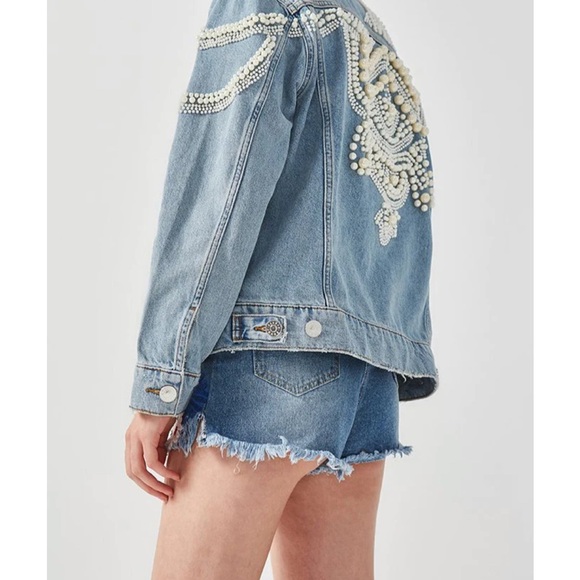 Blue Eriko Pearl Beaded Denim Button Jacket M - Picture 4 of 8